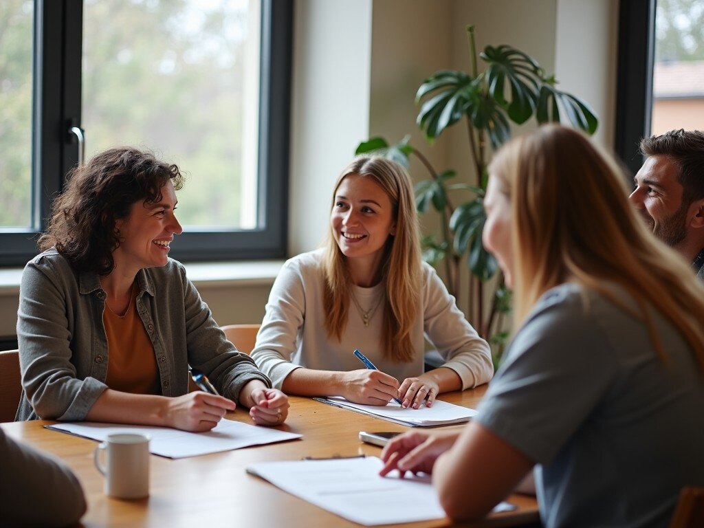A group of non-profit employees brainstorming fundraising calendar template ideas amongst each other