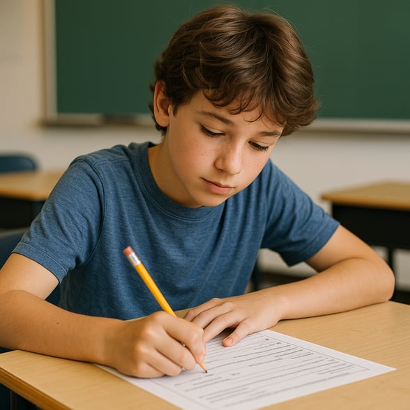 need a middle school kid at a desk filling out a sheet of paper-1