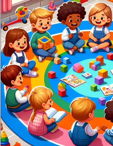 colorful illustration of children sitting in circle passing imaginary conversation ball with speech bubbles