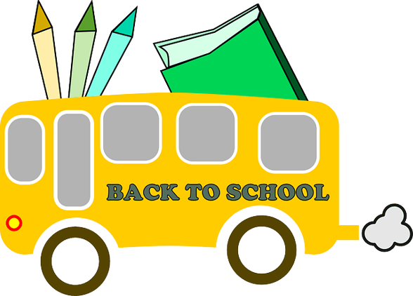 Bus with Back to School Written on it with Supplies Coming Out of Top