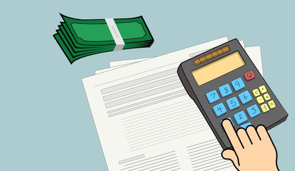 Cartoon image of a bookkeeper using calculator