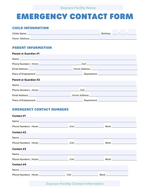 Childcare Emergency Contact Form