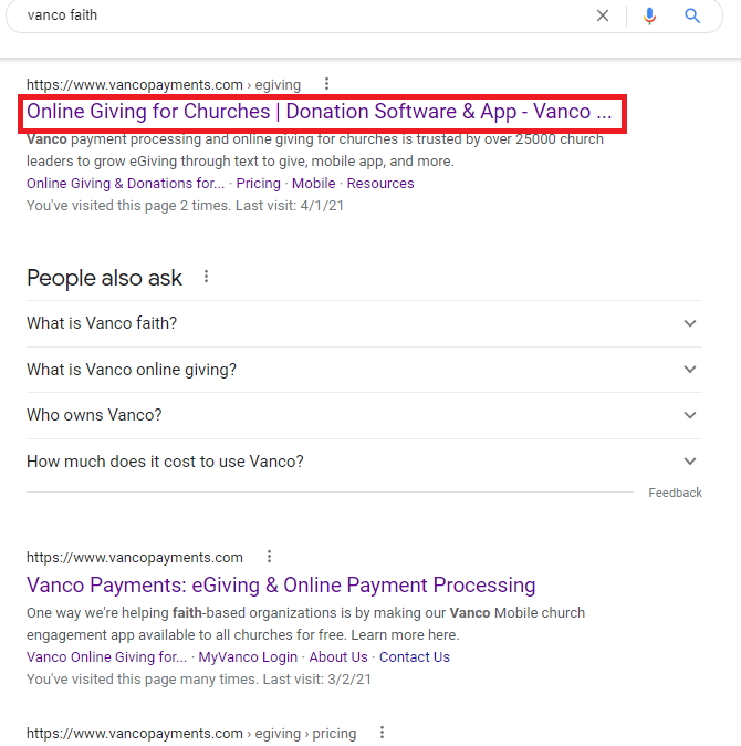 Church Marketing Strategy Blog - SERPs Title Tag Screenshot