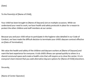 Daycare Termination Letter - Medical Noncompliance