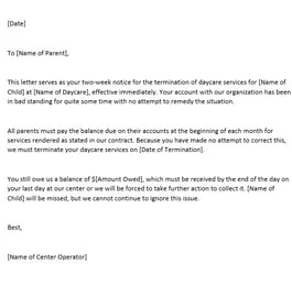 Daycare Termination Letter 2 Nonpayment