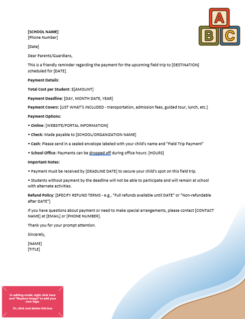 Field Trip Payment Reminder Letter to Parents