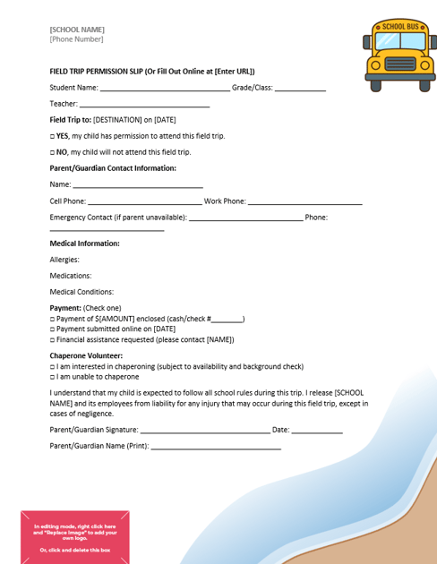 Field Trip Permission Slip