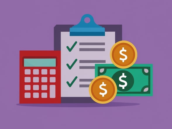 Illustration of a reports, calculator, and cash, representing financial stewardship