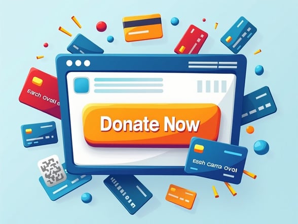 Illustration of a laptop with various credit cards surrounding it, representing online non-profit fundraiser donations