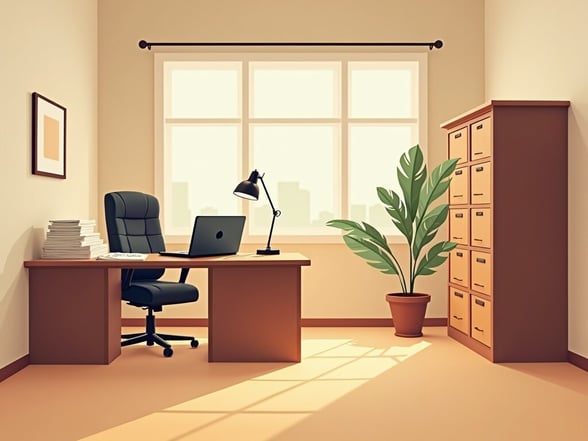 Illustration of a non-profit office desk and filing cabinet, representing good donor management