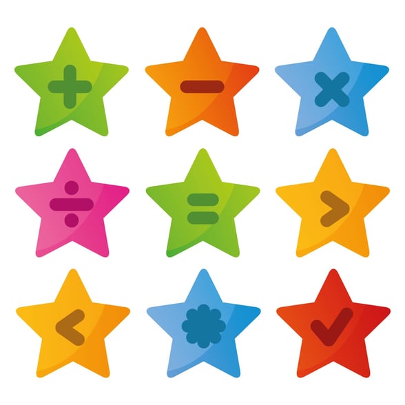 Illustration of colorful stars with various math symbols on them