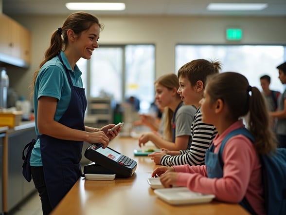 Image of a cafeteria worker using the school lunch POS software during lunch time