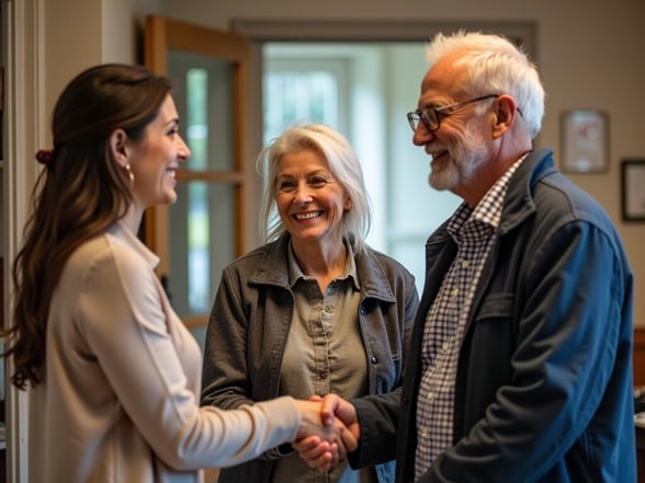 Image of an elderly couple shaking hands with a non-profit worker, showing positive donor management