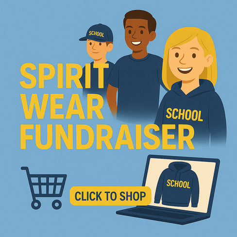 2 Boys and girl Wearing School Spirit Shirts in Background with laptop and shopping cart