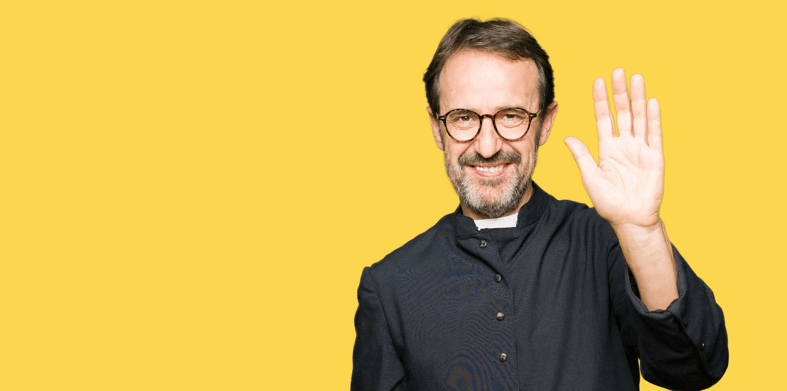 Pastor_waving_in_greeting_during_worship_service