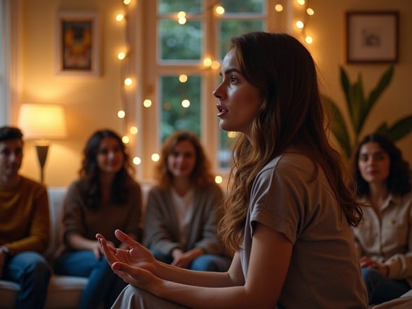 Photo of a woman talking to her friends about her non-profits donation campaigns, encouraging them to donate