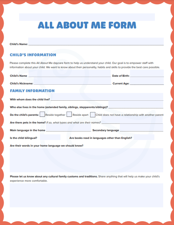 Preschool All About Me Form