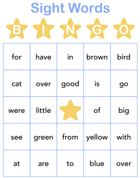 Preschool Sight Words Bingo Cards