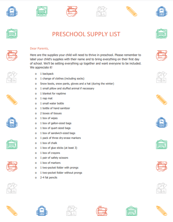Preschool Supply List for Parents Basic