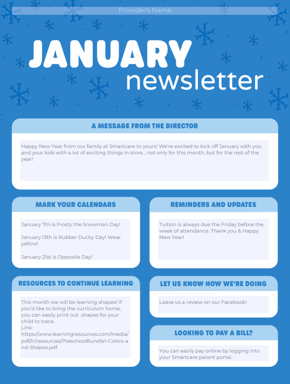 January Newsletter for Preschool or Daycare Example, Template & Ideas