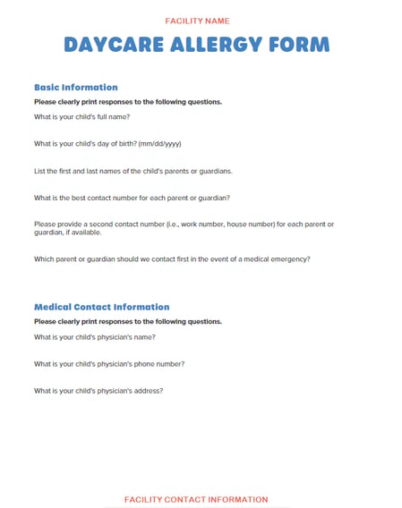 Screenshot of Daycare Allergy Form