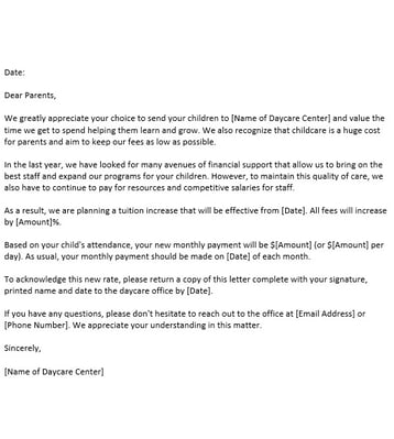 Sensitive Daycare Rate Increase Letter