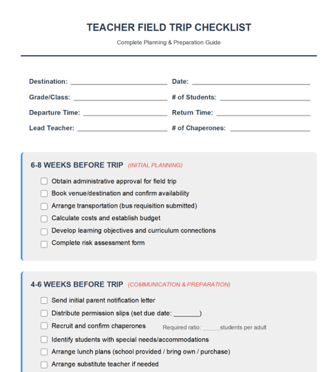 Teacher field trip checklist