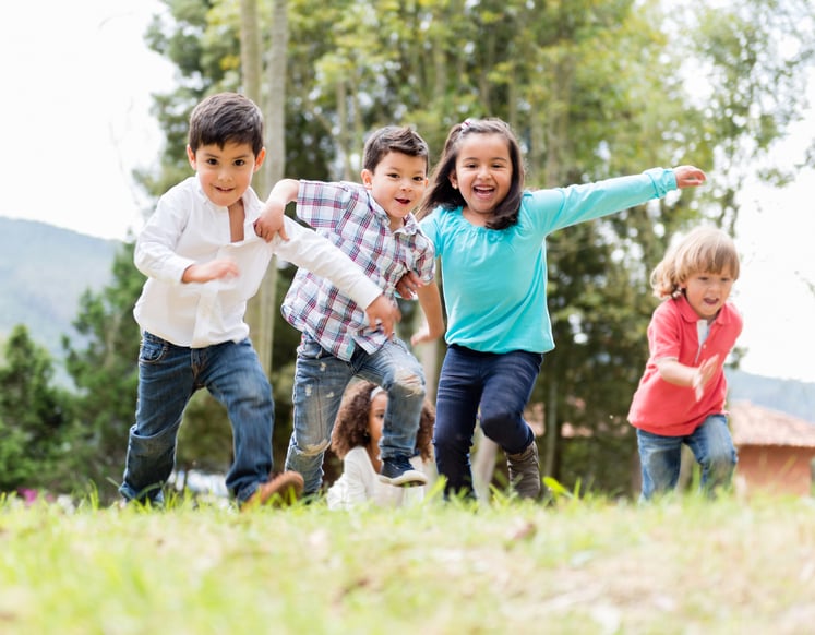 Happy group of kids playing at the park