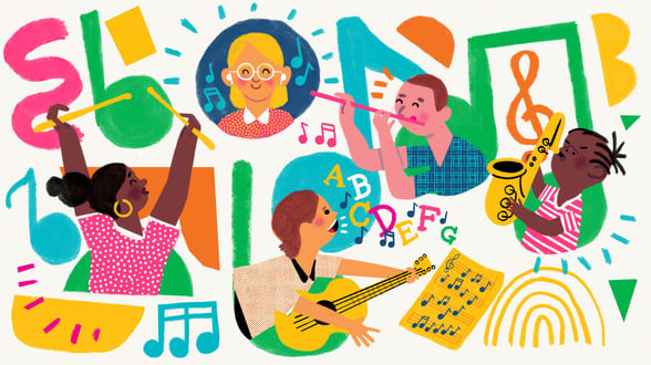 Illustration showing students playing instruments and listening to music