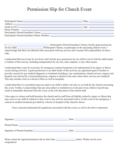 Screenshot of Permission Slip for Church Event