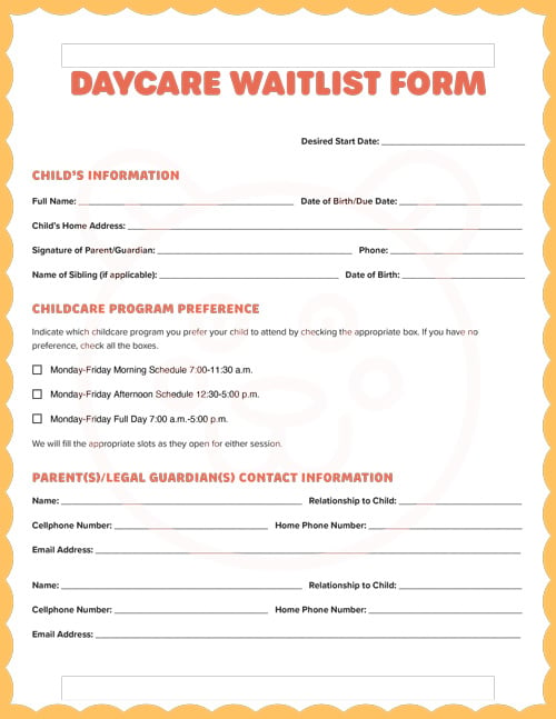 childcare waitlist form screenshot