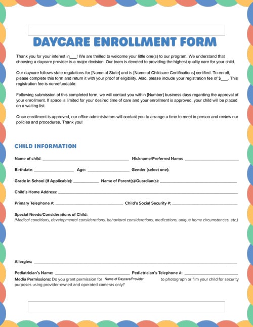 Printable Daycare Enrollment Form Template Screenshot