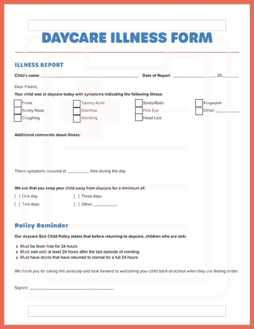 Printable Daycare Illness Form Template
