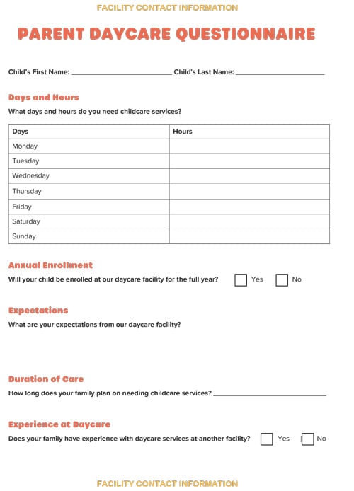 arent Daycare Questionnaire for Parents Screenshot