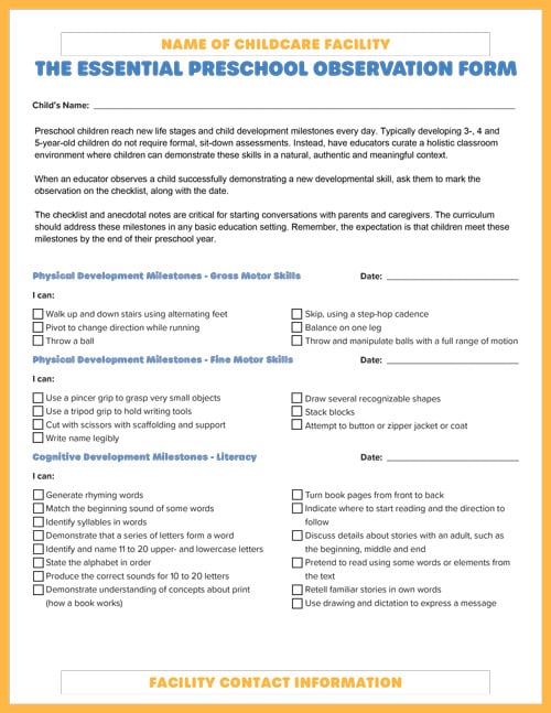Preschool Observation Form Template Screenshot