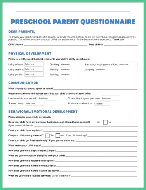 parent questionnaire for preschool screenshot