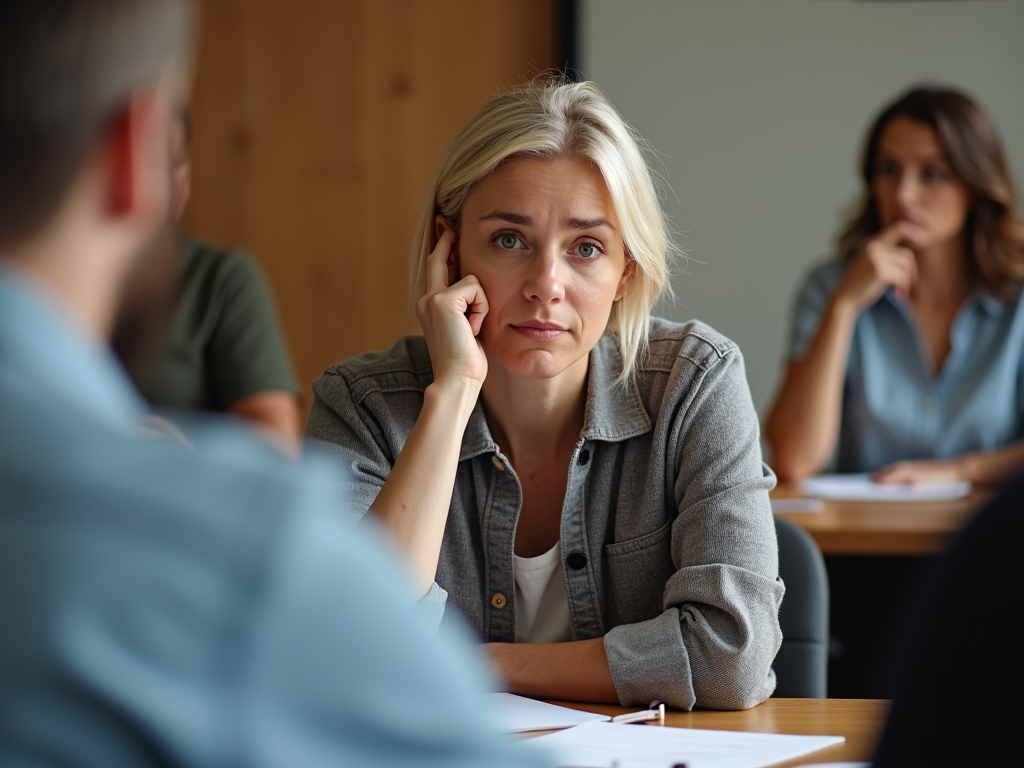 Woman in boring, unproductive church business meeting