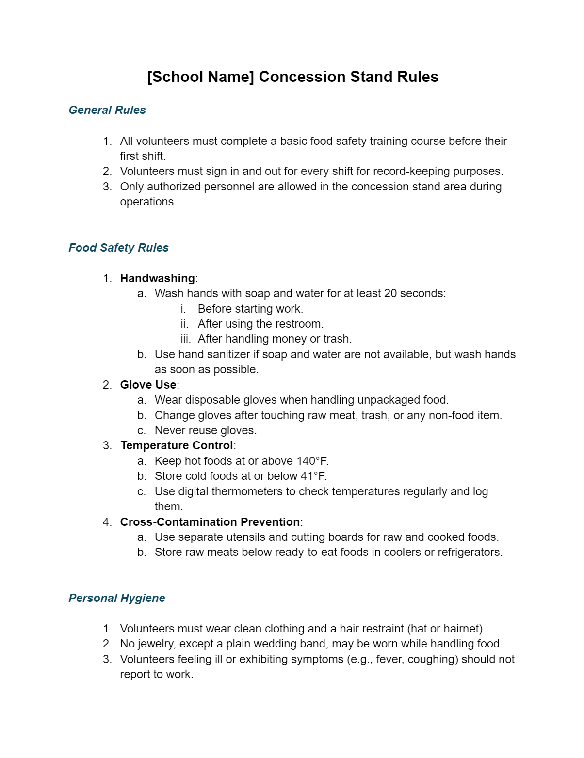 Concession Stand Rules and Guidelines Template