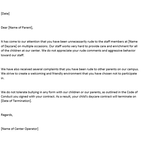 Daycare Termination Letter 3 Parent Behavior