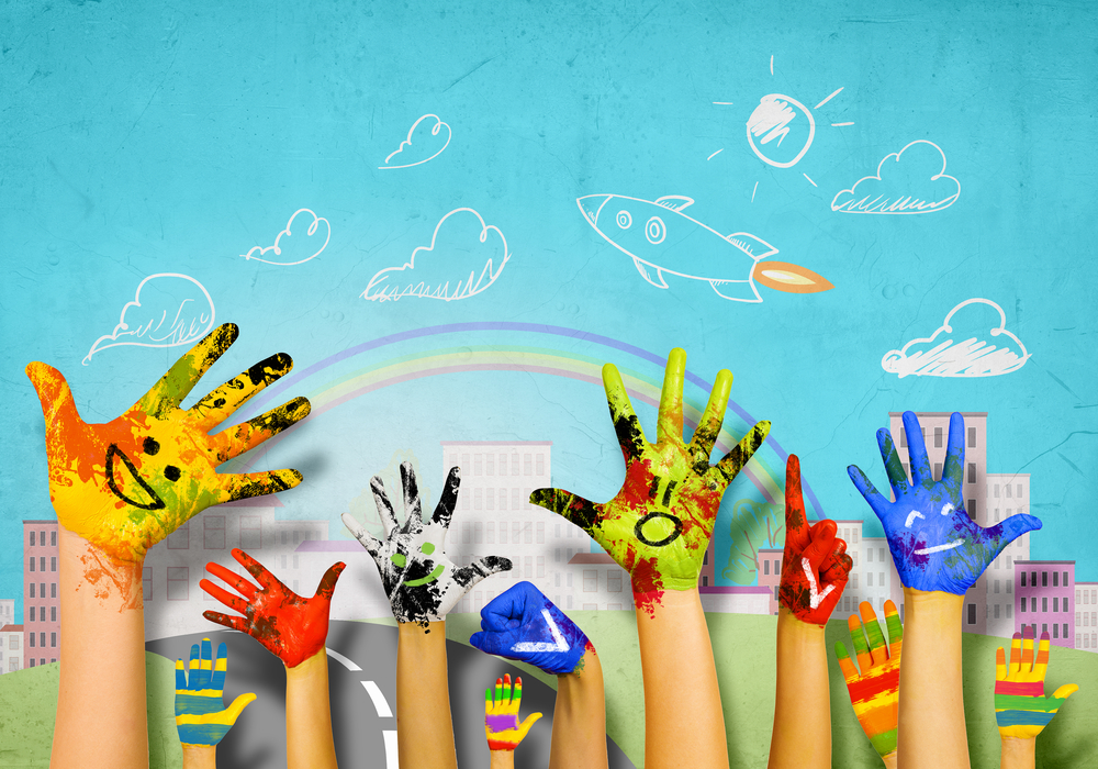 Human hands in colorful paint showing symbols-1