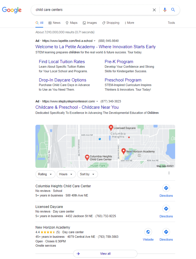 Daycare Advertising Blog Screenshot- Google Search Results Page
