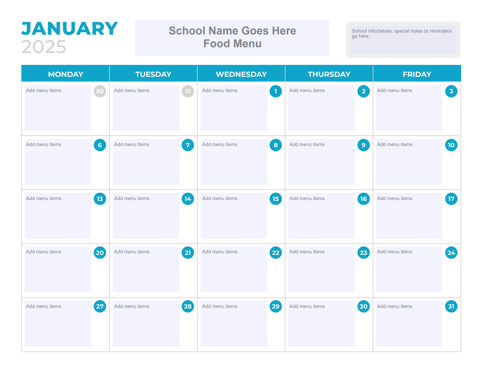 January School Lunch Menu