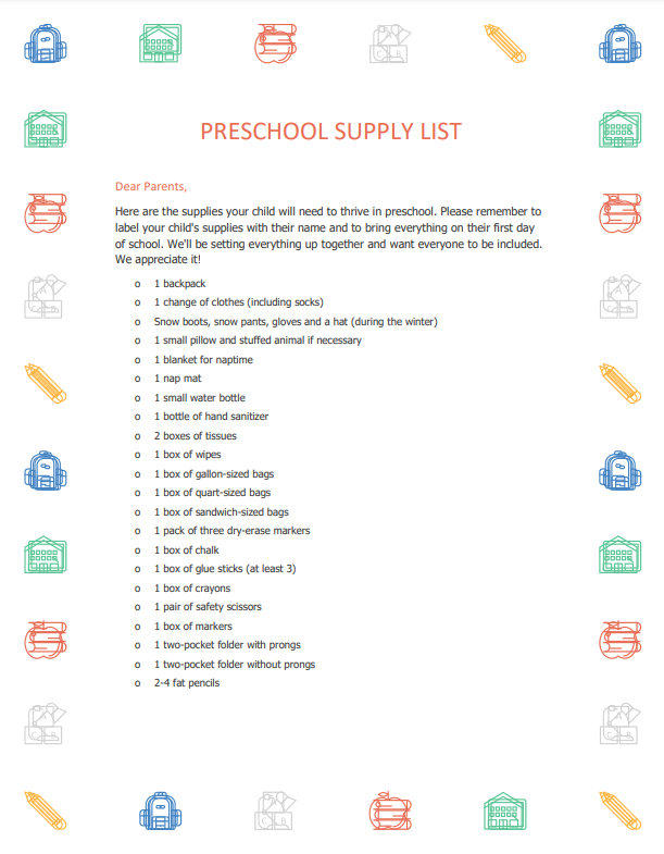Preschool Supply List for Parents Basic
