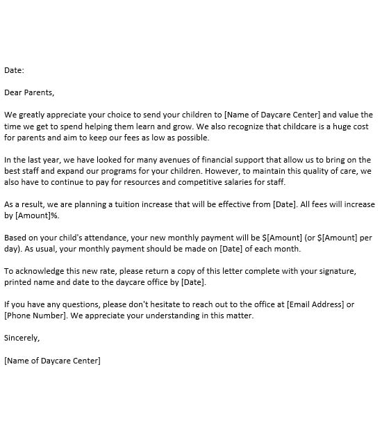 Sensitive Daycare Rate Increase Letter