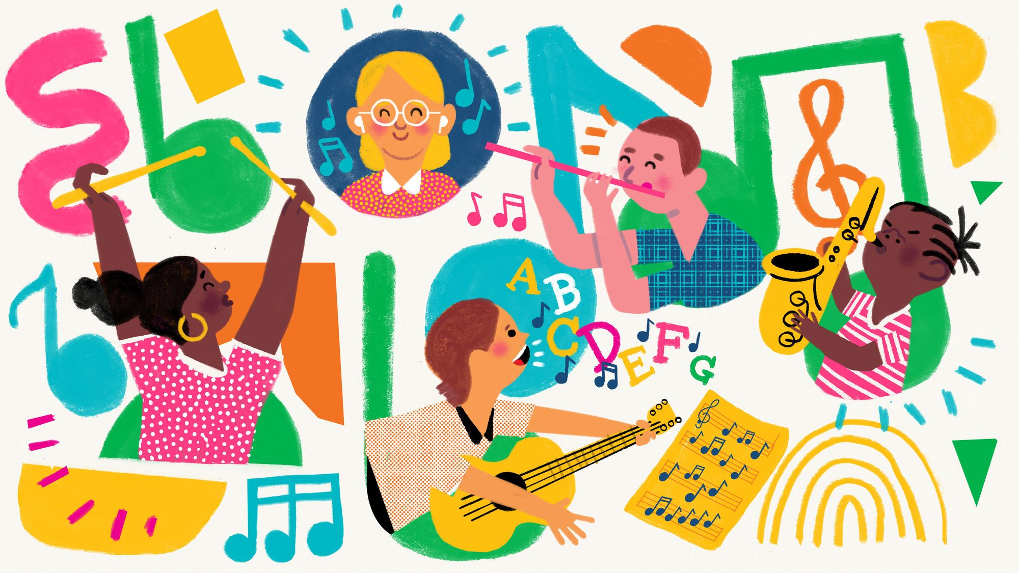 Illustration showing students playing instruments and listening to music
