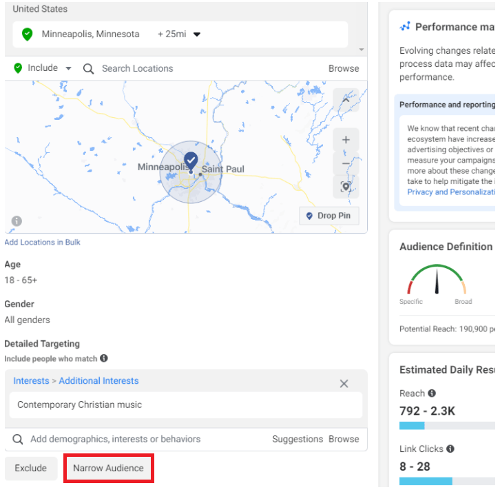 Narrow Audience Button - Facebook Ads for Churches