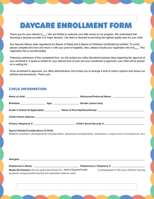 Printable Daycare Enrollment Form Template Screenshot