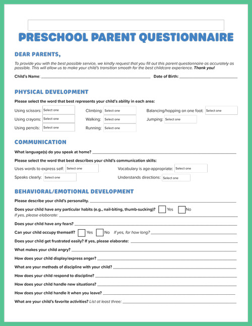 parent questionnaire for preschool screenshot